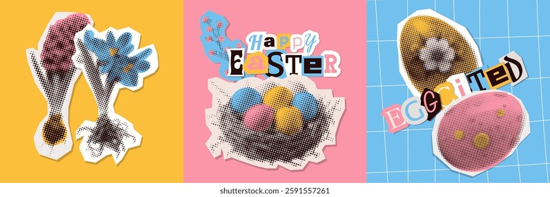 Happy Easter compositions set. Collection festive pop art mixed media collages. Card, cover, poster collection in modern bright abstract style with eggs, nest, flowers. Vector holiday illustration.