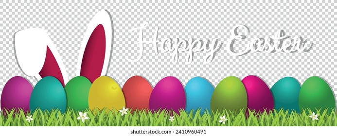 Happy Easter Concept Banner - Colorful Vector Illustration With Eggs, Grass And Bunny Ears Isolated On Transparent Background