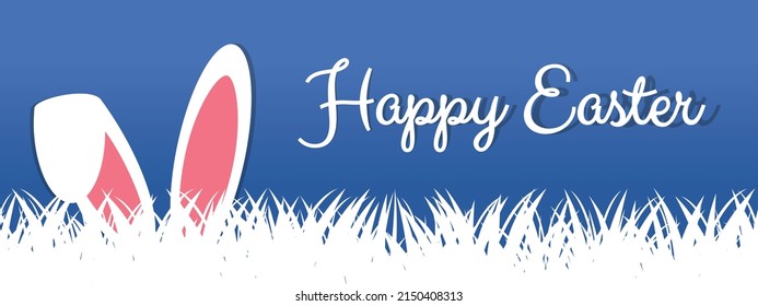 Happy Easter Concept Banner - Vector Illustration With Eggs, Grass And Bunny Ears - Isolated On Blue Background