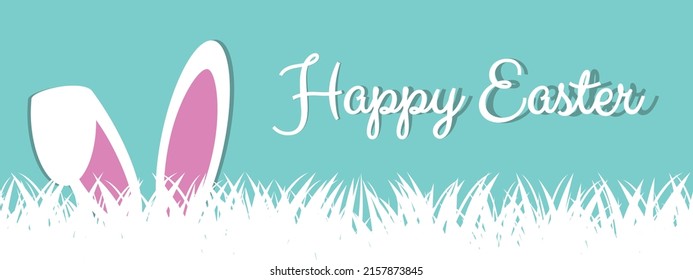 Happy Easter Concept Banner - Vector Illustration With Eggs, Grass And Bunny Ears - Isolated On Blue Background