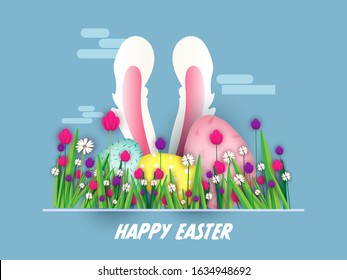 Happy Easter Concept with Bunny Ear, Printed Eggs, Daisy and Tulip Flowers Decorated on Blue Background.