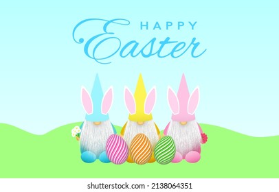 Happy Easter concept with bunny eared gnomes and striped eggs in nature. Soft cheerful spring colors. Greeting text in blue sky.