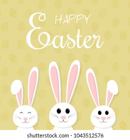 Happy Easter - concept of a card with smiley bunny on a background with eggs. Vector.