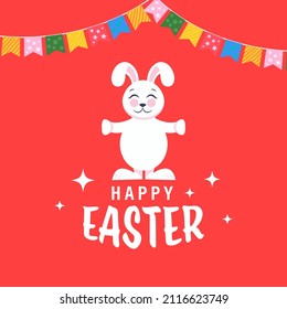Happy Easter Concept With Cartoon Bunny Standing And Colorful Bunting Flags On Red Background.
