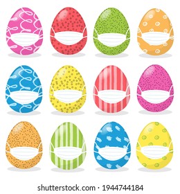 Happy Easter concept with cartoon colored eggs set in medical protective face mask For Avoid Coronavirus, Stay Home And Stay Safe. Easter celebration during the coronavirus pandemic. Flat illustration