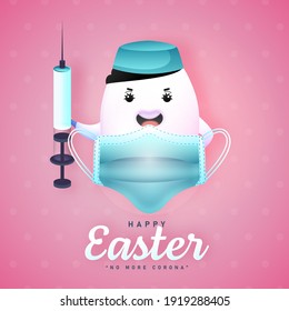 Happy Easter Concept With Cartoon Egg Holding Syringe And Medical Mask On Pink Background For No More Corona.