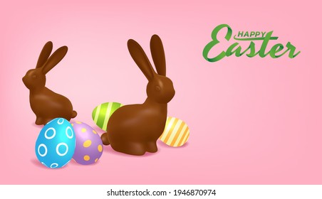 Happy Easter concept, Chocolate rabbits and colorful eggs are lined up on a pink background, Vector illustration