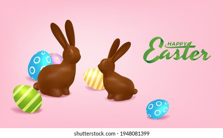 Happy Easter concept, Chocolate rabbits and beautiful painted eggs are lined up on a light pink background, Vector illustration
