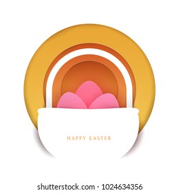 Happy easter concept colorful design in minimal trendy papercut style. Modern holiday background with flat simple shapes for greeting card, banner, cover. Vector illustration.