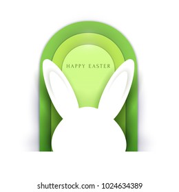 Happy easter concept colorful design in minimal trendy papercut style. Modern holiday background with flat simple shapes for greeting card, banner, cover. Vector illustration.