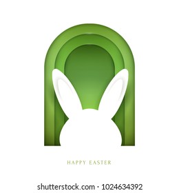 Happy easter concept colorful design in minimal trendy papercut style. Modern holiday background with flat simple shapes for greeting card, banner, cover. Vector illustration.