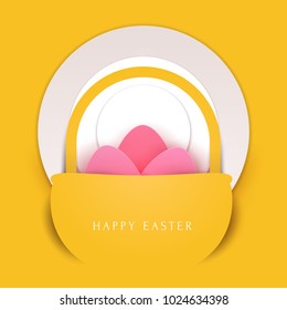 Happy easter concept colorful design in minimal trendy papercut style. Modern holiday background with flat simple shapes for greeting card, banner, cover. Vector illustration.