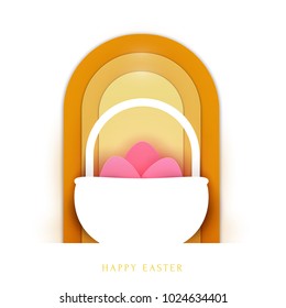 Happy easter concept colorful design in minimal trendy papercut style. Modern holiday background with flat simple shapes for greeting card, banner, cover. Vector illustration.
