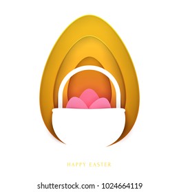 Happy easter concept colorful design in minimal trendy papercut style. Modern holiday background with flat simple shapes for greeting card, banner, cover. Vector illustration.