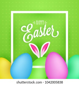 Happy Easter concept with colorful eggs, bunny ears on green background.