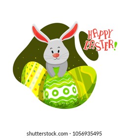 Happy Easter Concept, colorful painted eggs, bunny on sparkle green background.