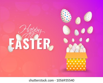 Happy Easter Concept with colorful painted eggs on shiny pink background.