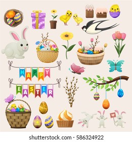 Happy Easter concept colourful collection of labels on light pink background. Collection of white rabbits, yellow chickens, flying swallows and butterflies, baskets with easter eggs and cakes