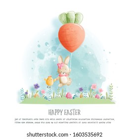 Happy Easter concept with cute bunny, paper cut style vector illustration.