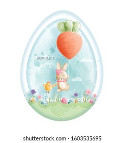 Happy Easter concept with cute bunny, paper cut style vector illustration.