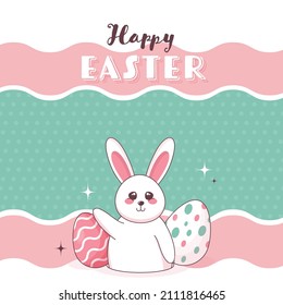 Happy Easter Concept With Cute Bunny, Printed Eggs On Colorful Wave Layer Background.