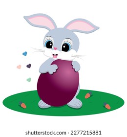 Happy Easter concept. A cute hare sits in a clearing and hugs an egg. Colorful design element for a greeting card, poster or cover. Cartoon flat vector illustration.
