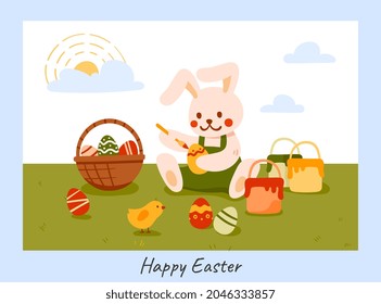 Happy Easter concept. Cute rabbit sitting on field and coloring eggs. Design for postcard for holiday or mailing lists in social networks. Cartoon flat vector illustration isolated on blue background