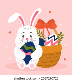 Happy Easter concept. Cute white hare sitting next to large basket and holding decorated egg in his hands. Colorful design element for greeting card, poster or cover. Cartoon flat vector illustration