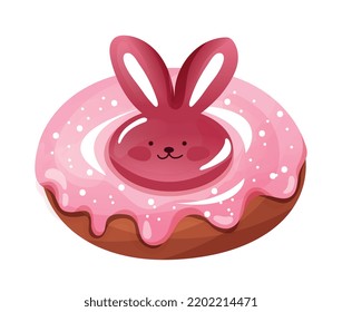Happy Easter concept. Delicious donut or pastry with pink berry icing and bunny or hare decoration. Design element for greeting card for christian holiday. Cartoon realistic vector illustration
