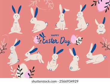 Happy Easter concept design, bunnies, eggs in pastel colors, flat vector illustrations.