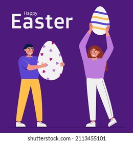 Happy easter concept design. Man and woman holding big easter eggs. Flat vector illustration.
