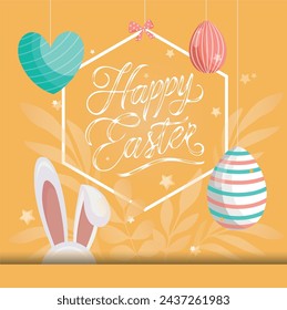 Happy Easter concept design, story template and banner set with bunny. Happy Easter Hand drawn calligraphy and brush lettering. Design for holiday greeting card and invitation of the Easter day