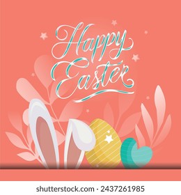 Happy Easter concept design, story template and banner set with bunny. Happy Easter Hand drawn calligraphy and brush lettering. Design for holiday greeting card and invitation of the Easter day