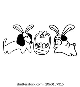 Happy Easter concept. Dogs with bunny ears, costumes for Easter party. Outline vector illustration on white background.