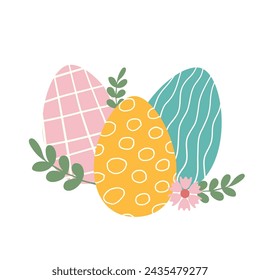 Happy Easter concept, elements for poster, greeting card. Trendy Easter design with eggs, in pastel colors isolated on white background. Flat vector illustration. sstkEaster