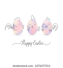 Feliz concepto de Pascua. Huevos ester en forma de gallinas. Texto escrito a mano. Elementos Doodle. Diseño para tarjetas de felicitación, afiches, banner. Ilustración vectorial para Pascua, cazador de huevos.