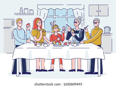 Feliz Concepto de Pascua. Feliz Familia Decorando Huevos De Pascua En Casa. La Gente Está Pasando Tiempo Juntos Y Preparándose Para Las Fiestas. Ilustración del vector plano lineal de esquema de dibujo.