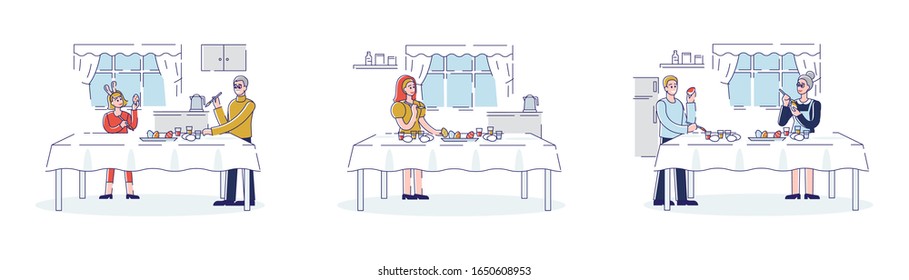 Happy Easter Concept. Happy Family Spending Time Together At Home Decorating Easter Eggs And Preparing For the Holiday. Set Of Cartoon Outline Linear Flat Vector illustrations.