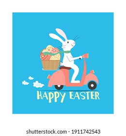 Happy Easter concept. Funny Easter bunny goes in scooter with the trash full of the Easter colored, painted eggs. Flat vector illustration, isolated objects.