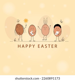Happy Easter concept. Funny easter eggs with face. Design for greeting card, banner, cover, invitation. Cute vector illustration.