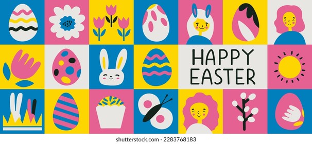 Happy Easter concept  Graphics template. Trendy  colorful Easter pattern design with typography, hand-painted element, eggs and bunny. Modern minimalist style. 