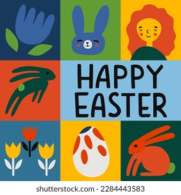 Happy Easter concept  Graphics template. Trendy  colorful Easter pattern design with typography, hand-painted element, eggs and bunny. Modern minimalist style. Good for social media post