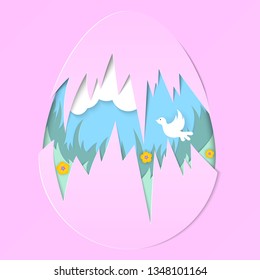 Happy Easter concept. Greeting card holiday template for kids and children. Invitation with origami layered silhouette of pigeon or dove. Abstract paper cut Egg Hunt. Colorful 3d carving art.