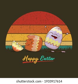 Happy easter concept illustration with colorful crying egg character and his dead friend broken egg isolated on vintage sun background. Vector easter egg hunt funky poster design template