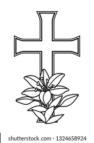 Happy Easter concept illustration. Cross and lilies. Greeting card. with religious symbol of faith.