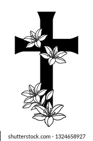 Happy Easter concept illustration. Cross and lilies. Greeting card. with religious symbol of faith.