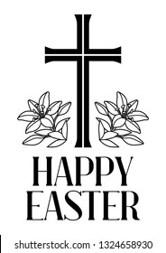 Happy Easter concept illustration. Cross and lilies. Greeting card. with religious symbol of faith.