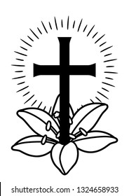 Happy Easter concept illustration. Cross and lilies. Greeting card. with religious symbol of faith.