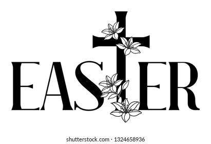 Happy Easter concept illustration. Cross and lilies. Greeting card. with religious symbol of faith.