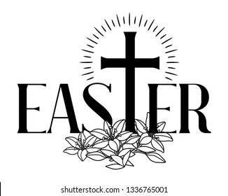 Happy Easter concept illustration. Cross and lilies. Greeting card. with religious symbol of faith.